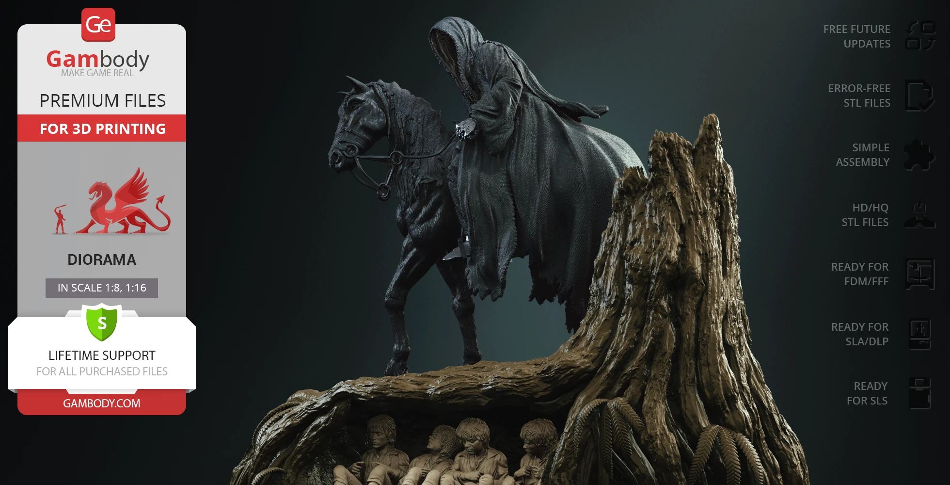 Nazgul on horseback above hidden hobbits under a tree in a diorama scene for 3D printing.