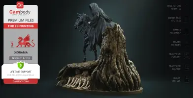 A hooded figure on horseback above three crouching figures under a tree in a detailed diorama.