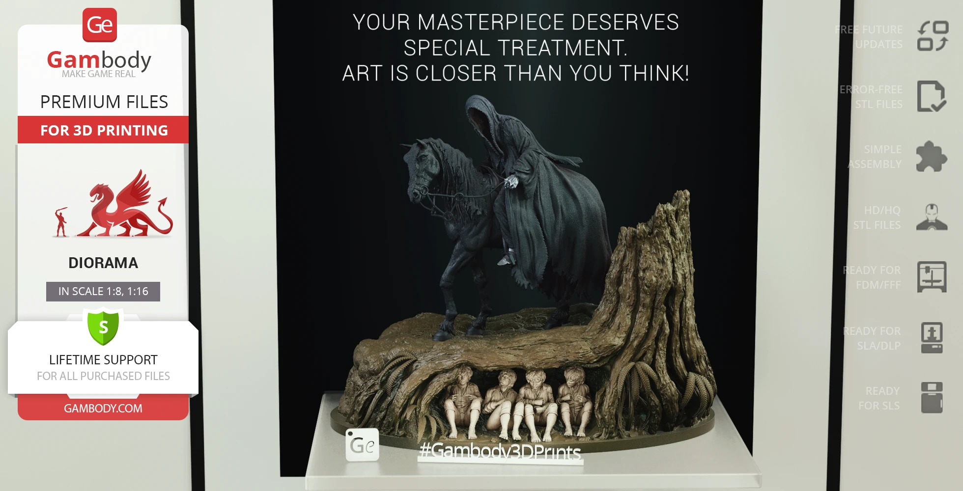 A detailed diorama featuring a cloaked figure on a horse with four small figures hiding beneath a tree.