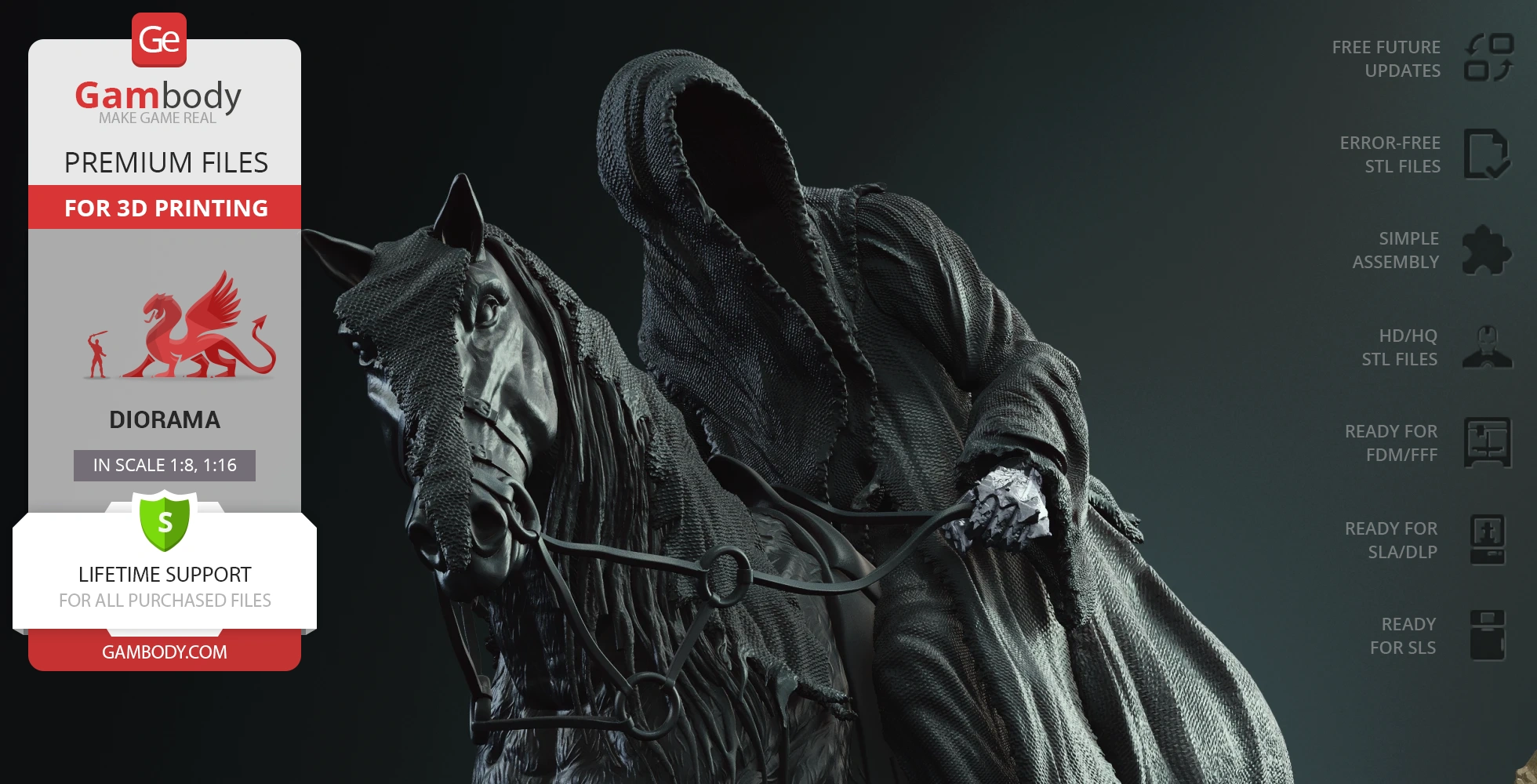 A hooded figure on horseback, shrouded in dark robes, featured in a diorama for 3D printing.