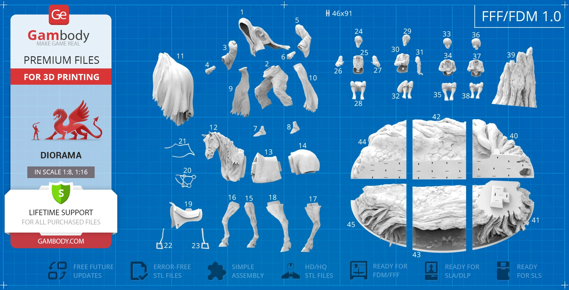 3D printable diorama parts of Nazgul and Hobbits, featuring figures, a horse, and landscape pieces.