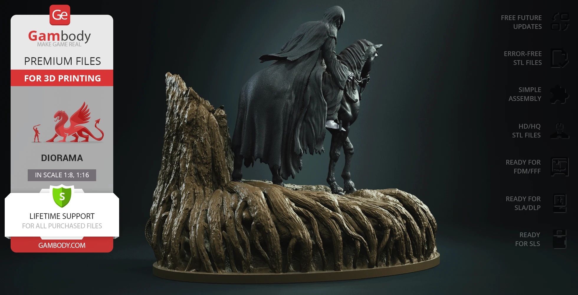 A cloaked figure on horseback in a forest-themed diorama base for 3D printing.