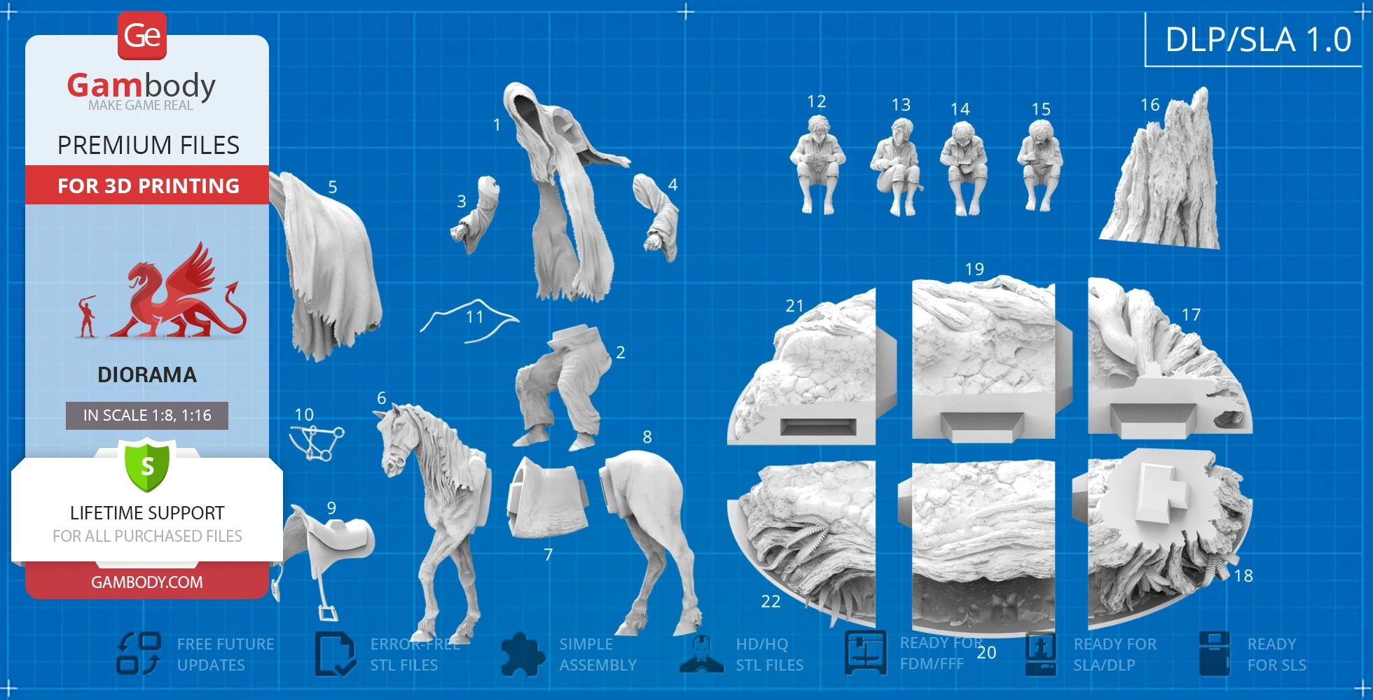 3D model parts for a diorama featuring a Nazgul and hobbits, with detailed terrain and assembly components.