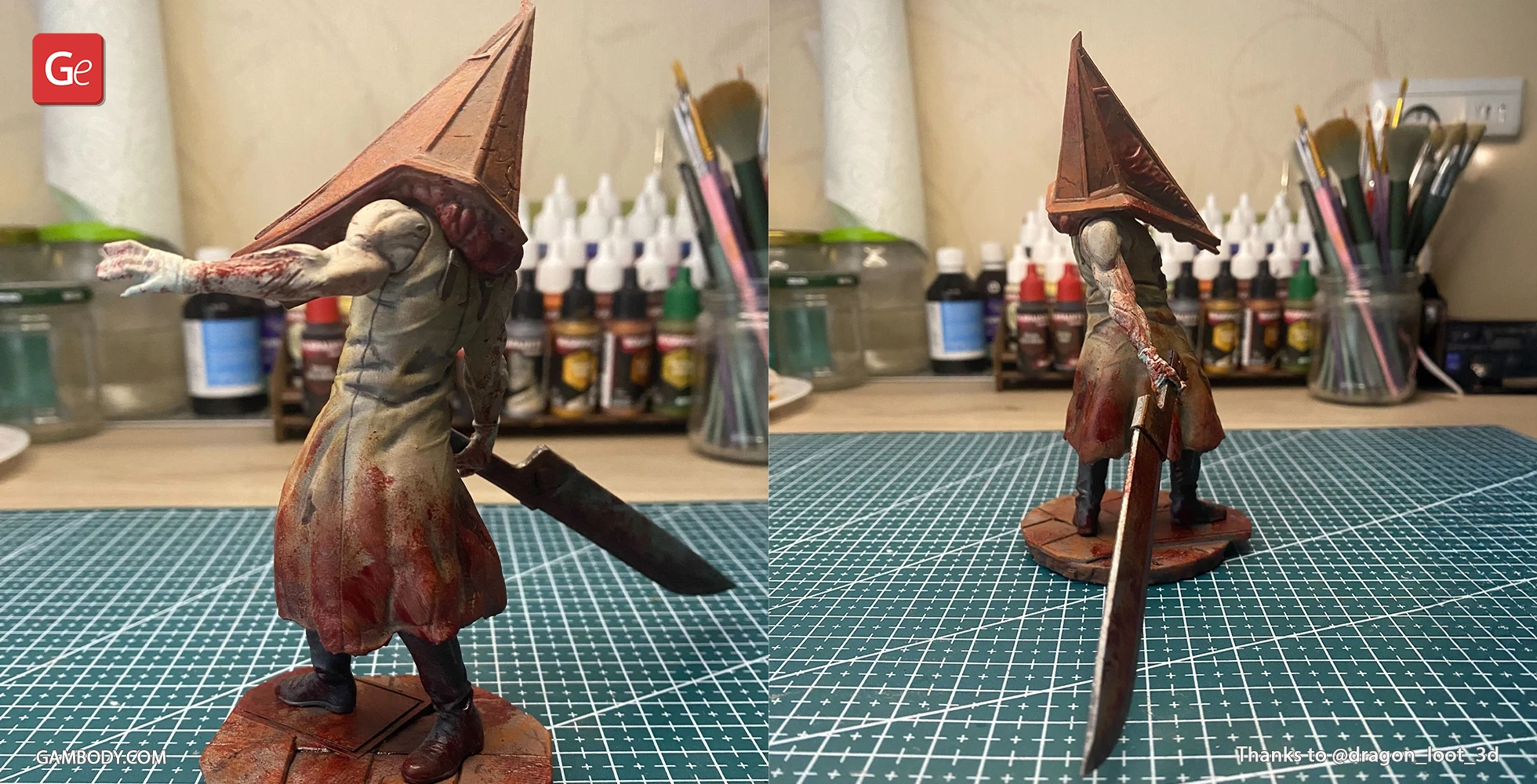 Pyramid Head figurine, wielding a large sword, stands on a base, ready for 3D printing.