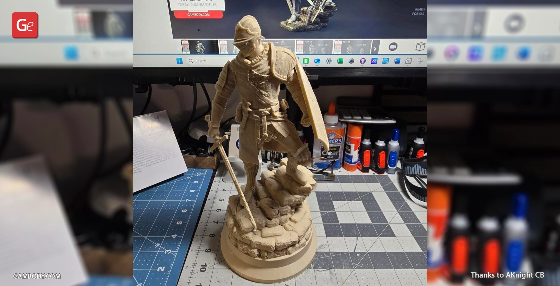 A detailed 3D print of a medieval knight in armor, holding a sword and standing on stone-like terrain.