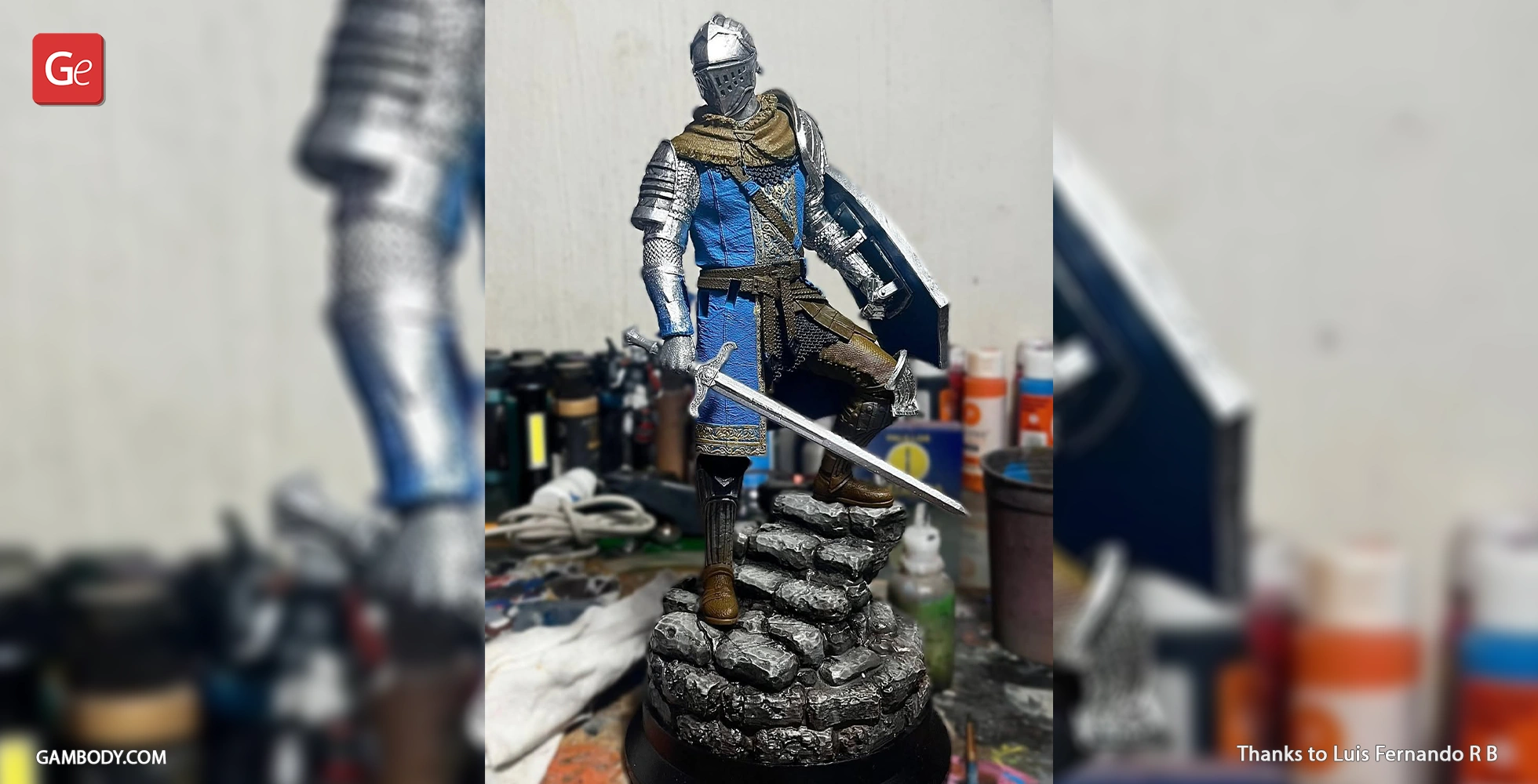 A detailed 3D model of a knight in armor, holding a sword and shield, standing on a rocky base.