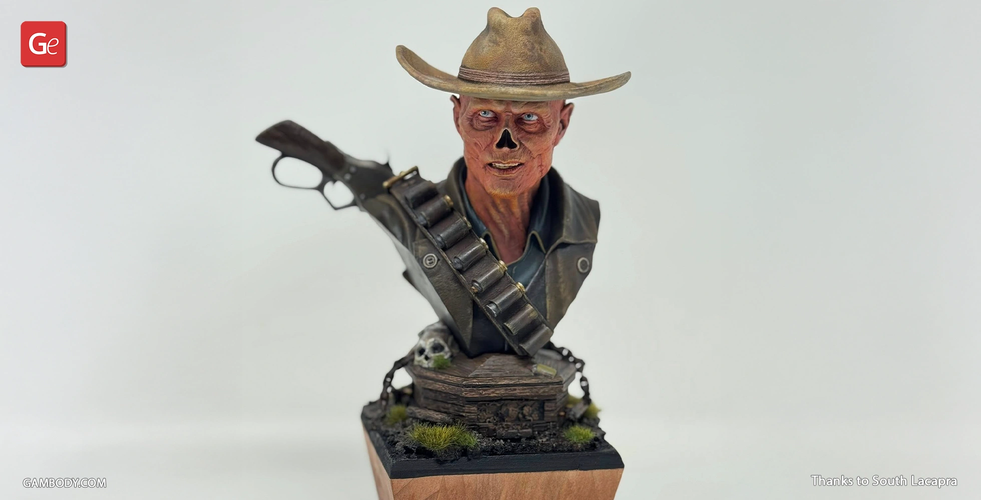 Cowboy ghoul bust with wide-brimmed hat, bandolier, and a rifle slung over shoulder, atop a decorated base.