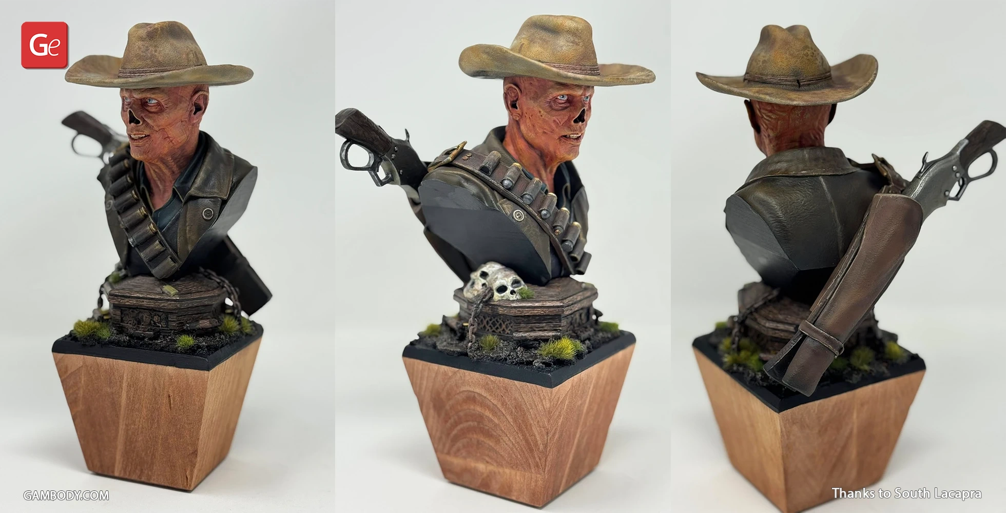 Cowboy ghoul bust with a hat, ammo belt, and a rifle, on a detailed base with skulls and greenery.