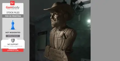A 3D-printed bust of a man wearing a hat and jacket with a plaque beneath, displayed indoors.