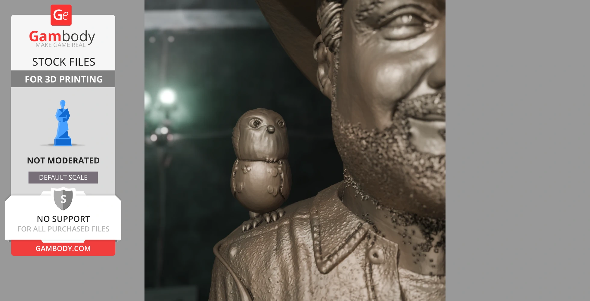 3D printed bust with a small bird perched on the shoulder, showcasing detailed textures.