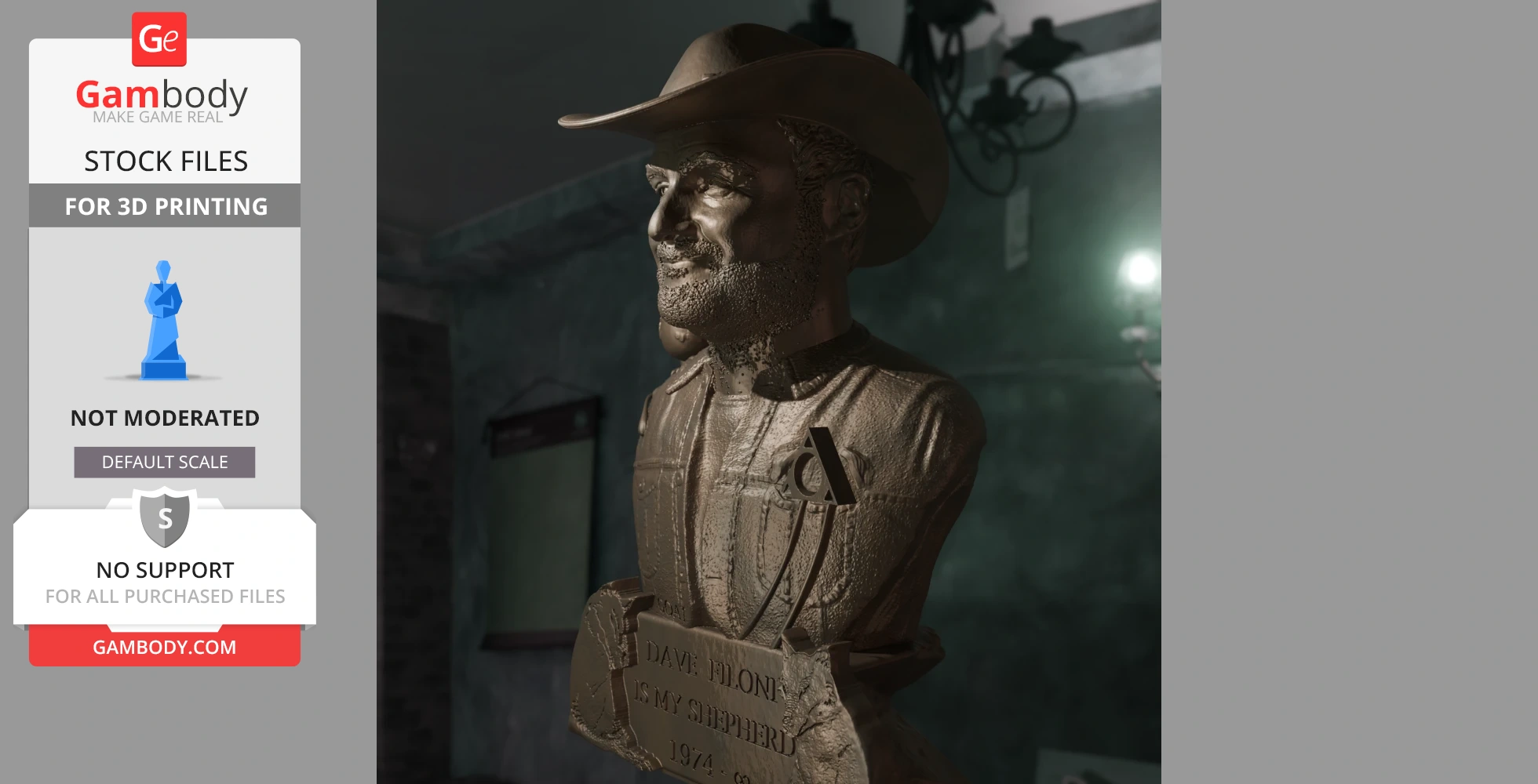 A 3D-printed bust of a man wearing a hat and jacket with a plaque beneath, displayed indoors.