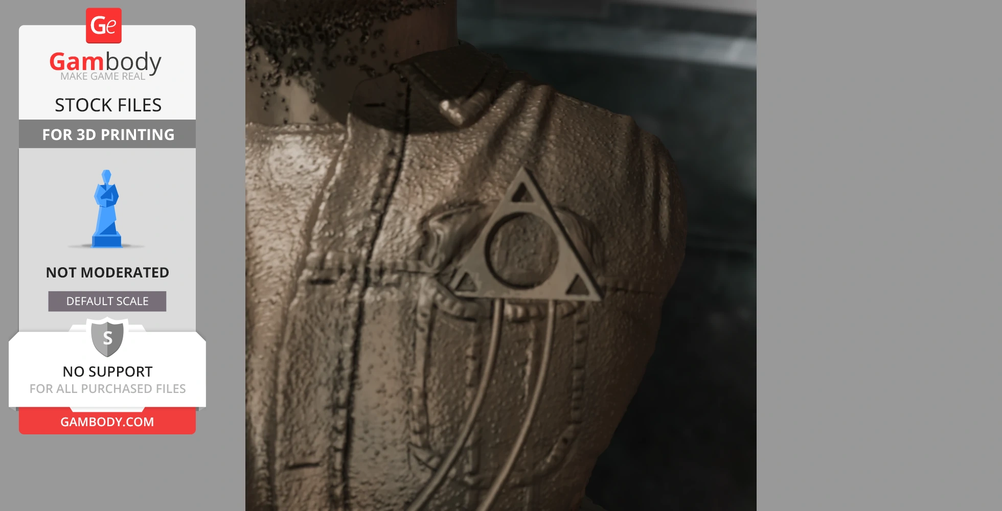 A textured bust featuring a triangular emblem with a circle at the chest area, designed for 3D printing.