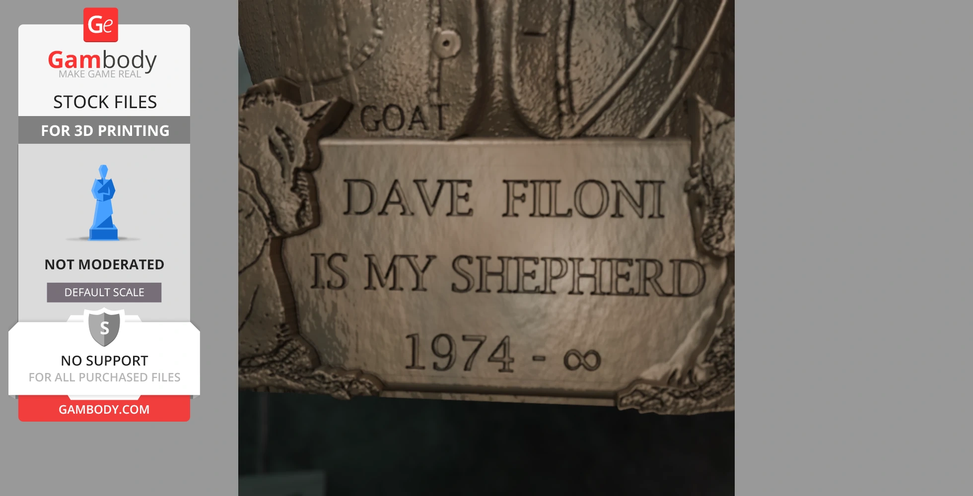 A plaque with engraved text, 'Dave Filoni is my shepherd 1974 - ∞' from a 3D model for printing.