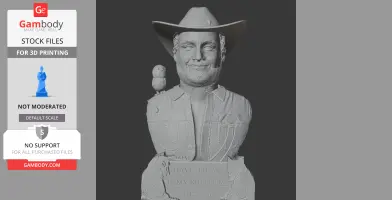 A 3D bust of a man with a hat, featuring an owl on his shoulder and a plaque with text below.