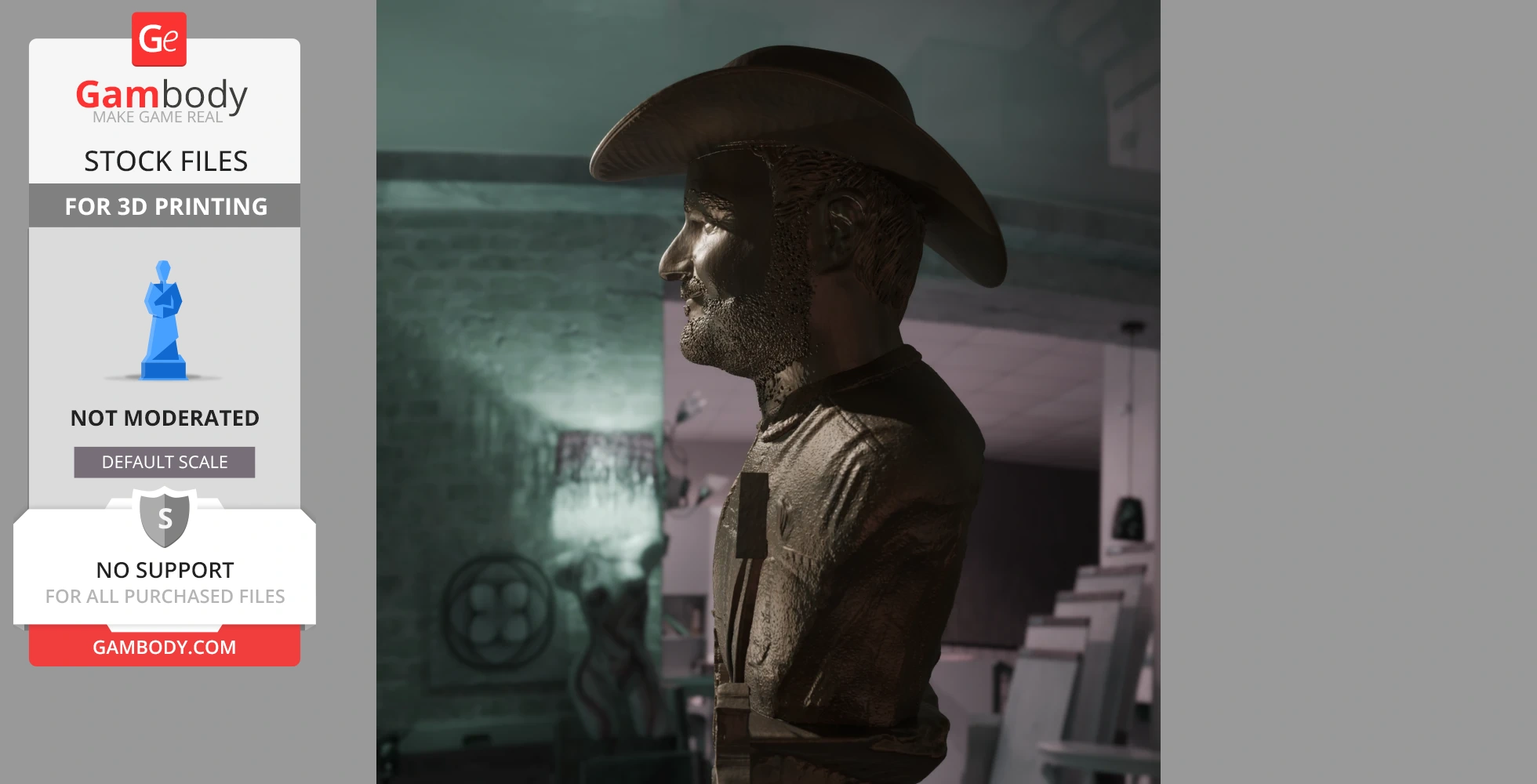 3D bust of a man with a beard wearing a wide-brimmed hat, showcased in a dimly lit room.