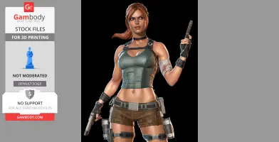 3D model of an action heroine in tactical gear, holding a pistol, for 3D printing.
