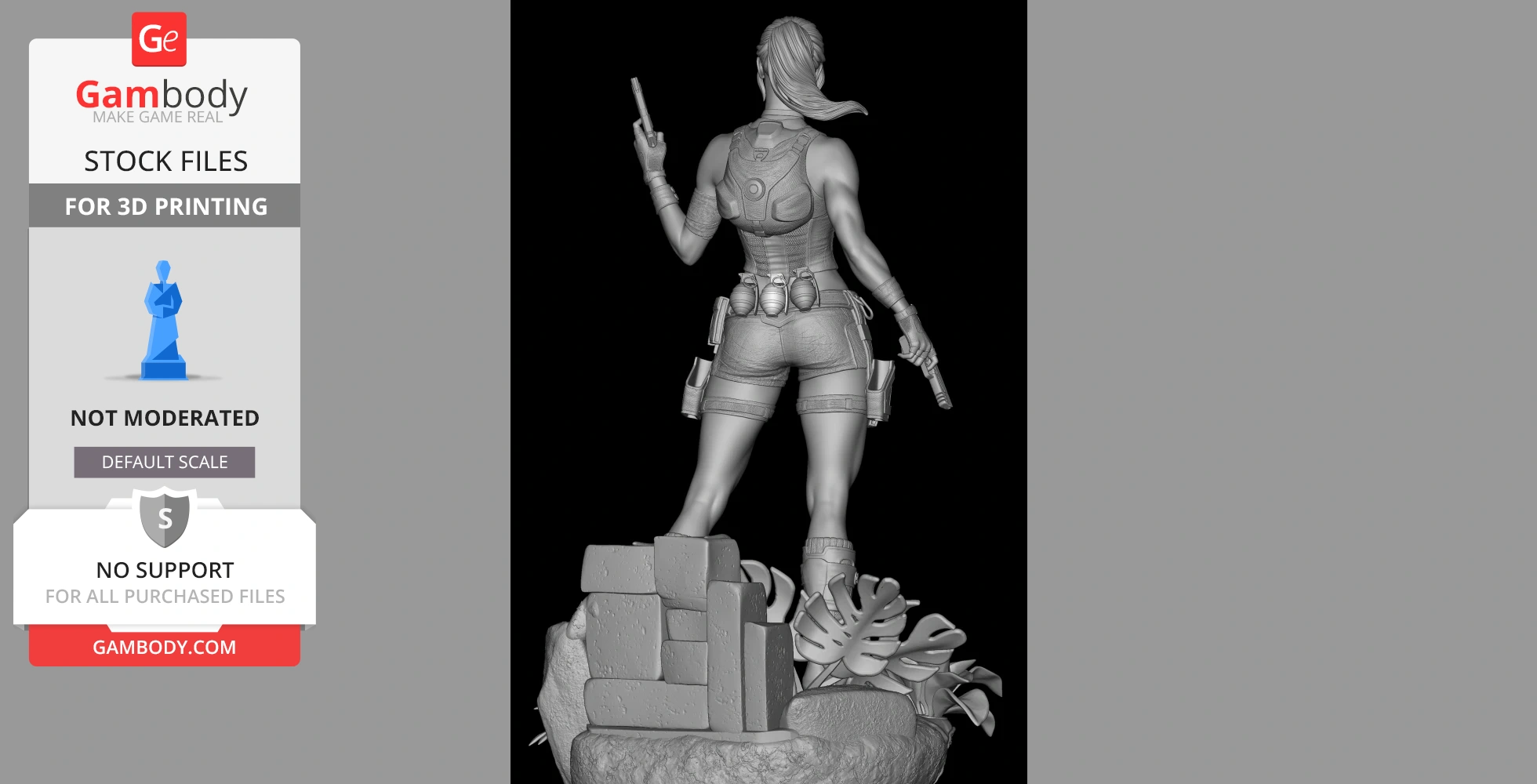 A 3D model of an adventurer in shorts with weapons, standing on rocks and foliage.