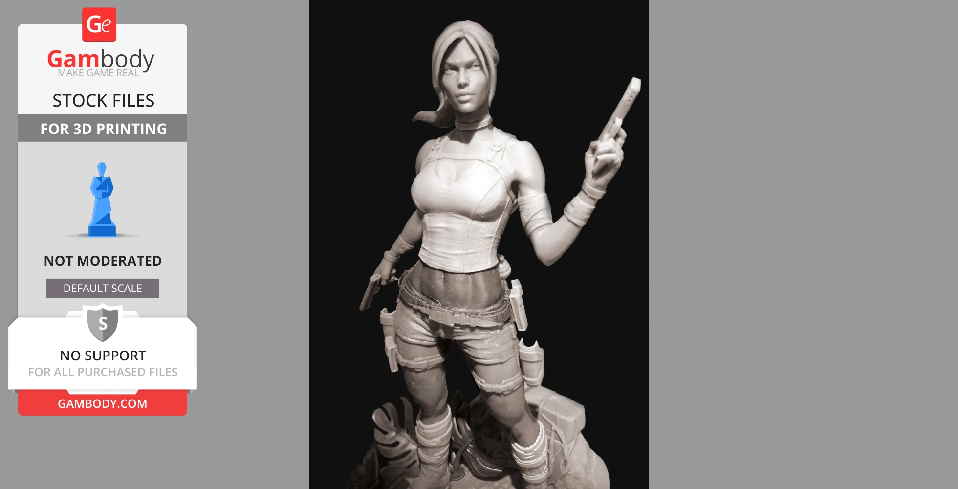 A 3D model of an adventurous woman holding a tool, standing in a dynamic pose on a rocky base.