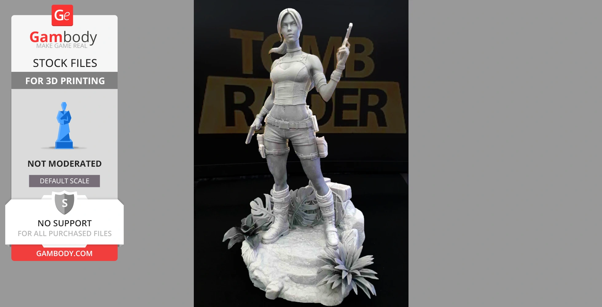 A 3D model of an adventurous character holding pistols, standing on a rocky base with foliage.