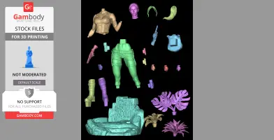 3D printed parts including a head, torso, arms, legs, weapons, and foliage for a figure model.