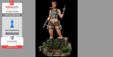 A 3D model of a woman with dual pistols standing on a stone base with plants, ready for 3D printing.