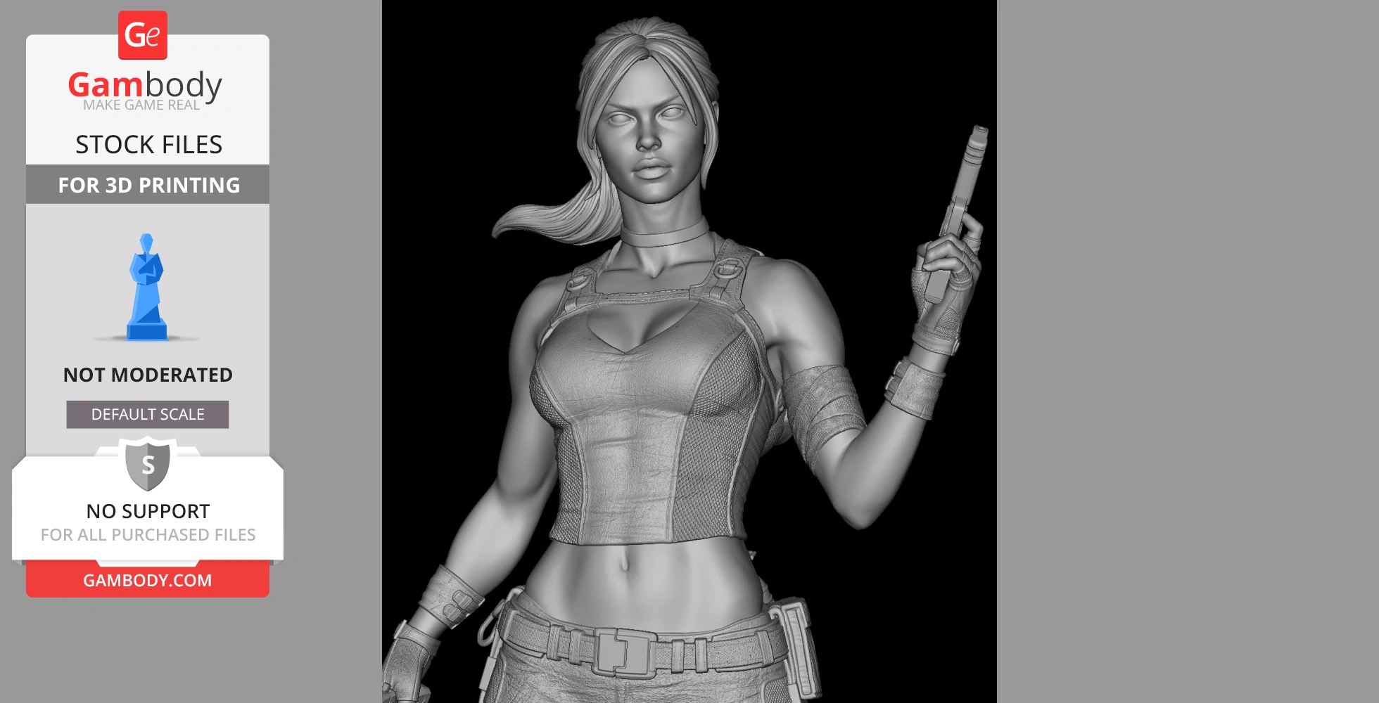 Female adventure character 3D model holding an accessory, wearing tactical outfit.