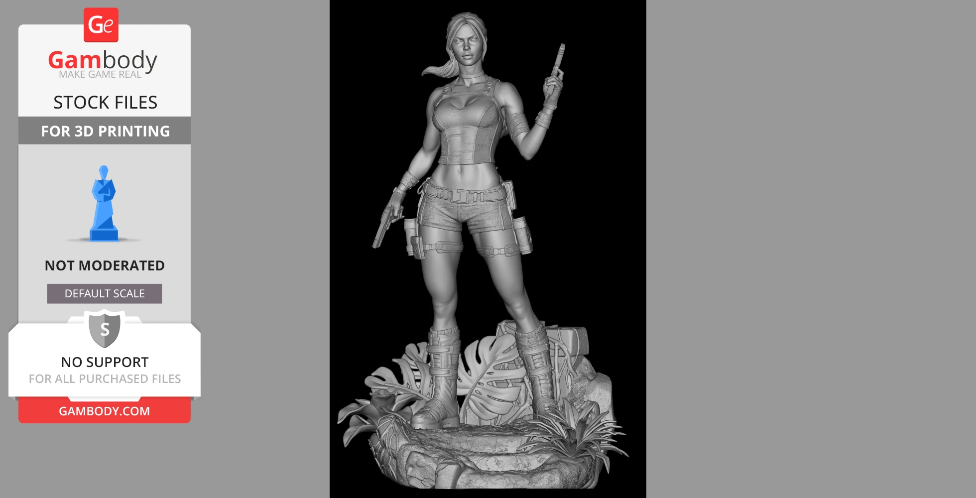 A 3D printing model of a female adventurer with two guns, standing on a detailed jungle-themed base.