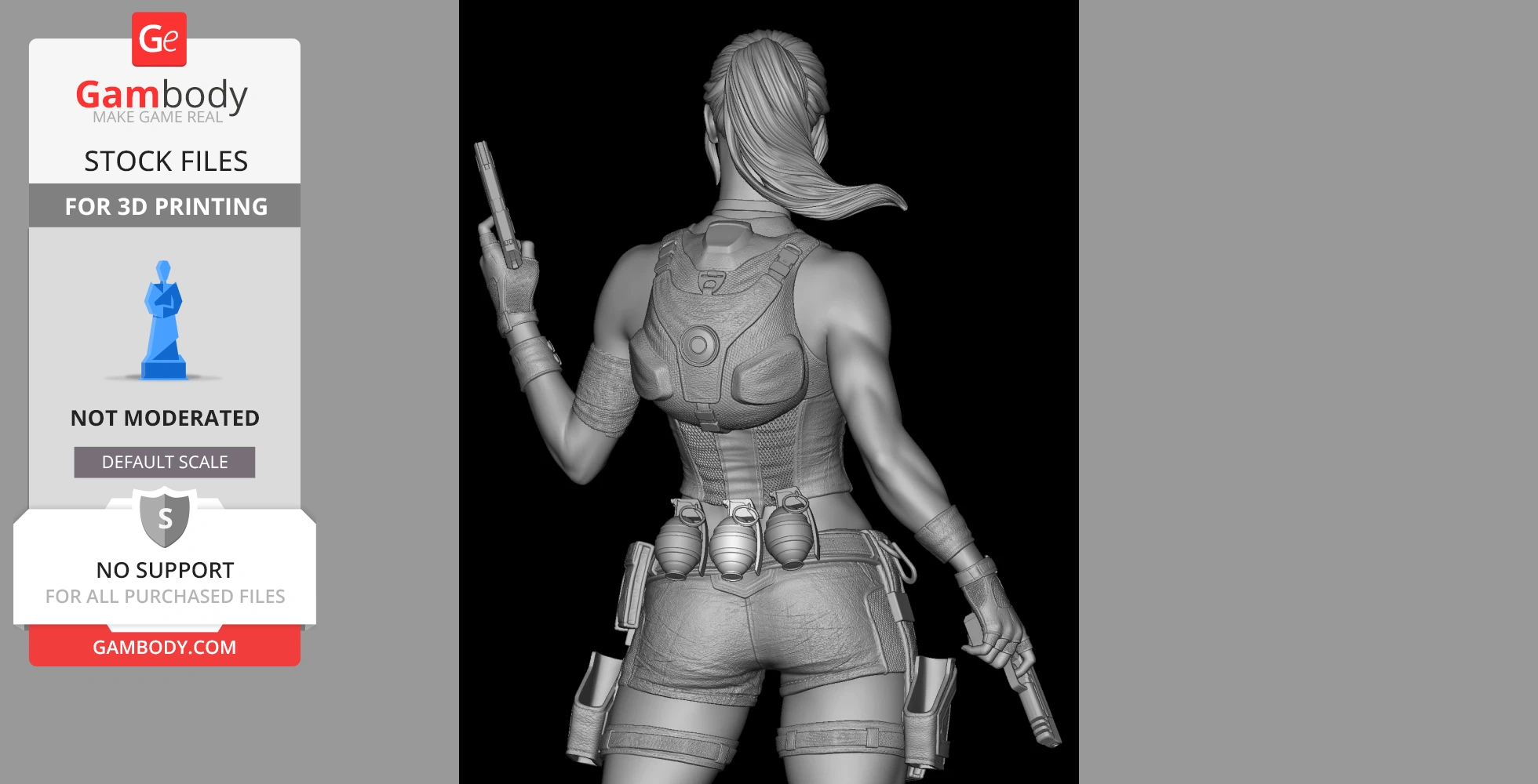 A detailed 3D model of an action character holding guns, with a tactical outfit and grenades on the belt.