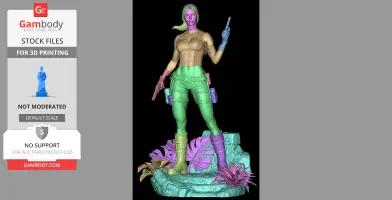 A 3D model of an adventurer with guns, standing on a detailed jungle-themed base, ready for printing.
