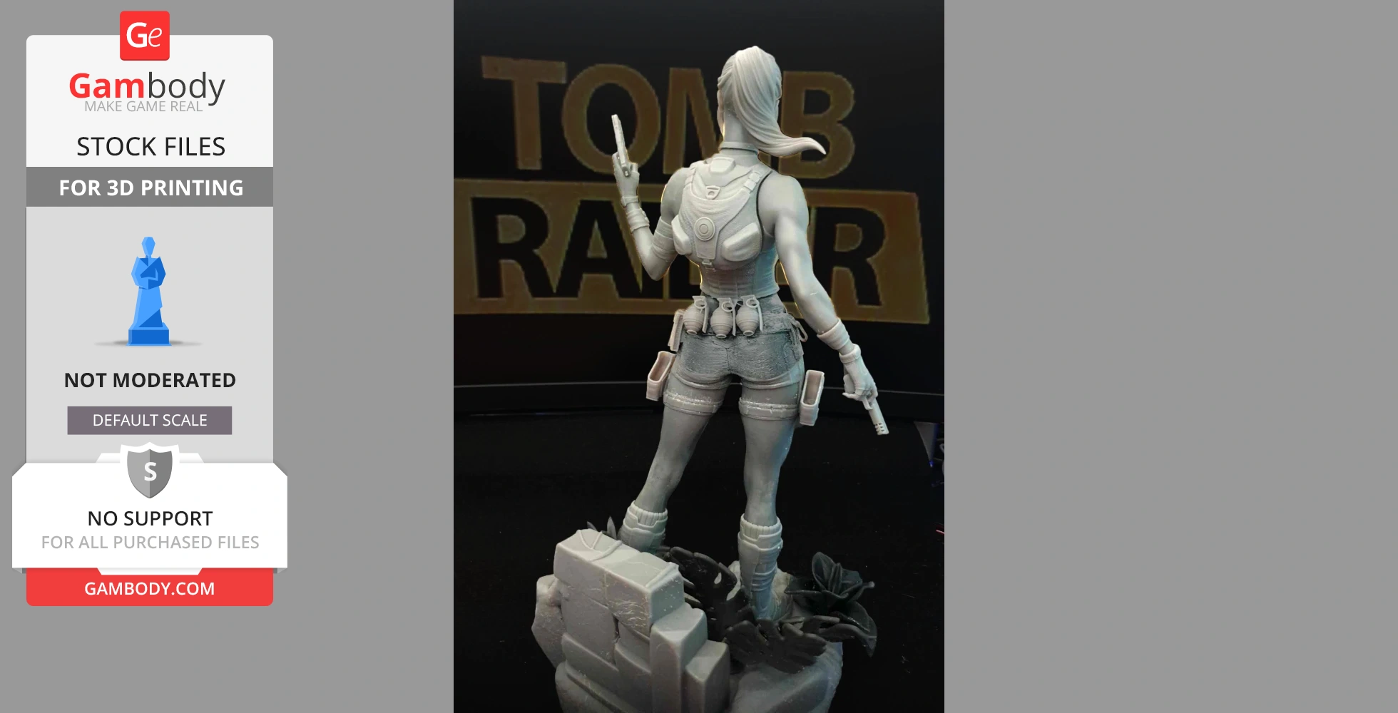 A 3D-printed model of an adventurer with a ponytail, pistols, and cargo shorts, set on a stone base with foliage.
