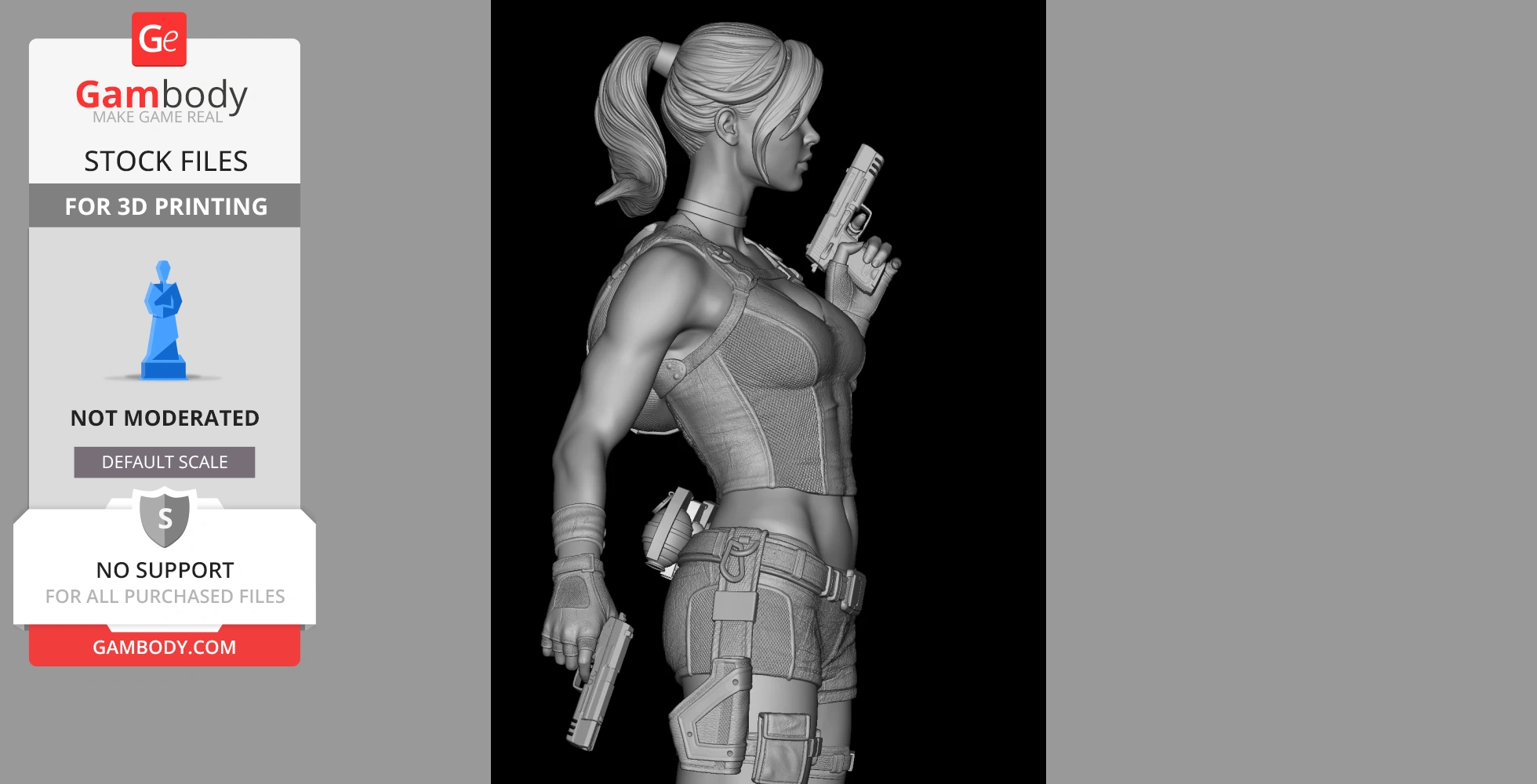 A detailed 3D model of an action-ready female figure holding guns, with tactical gear.