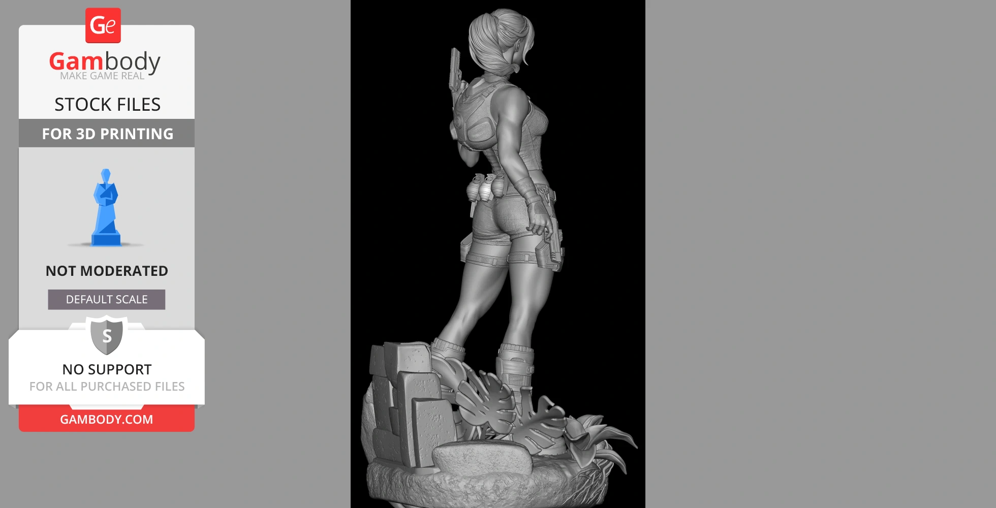 Female adventurer 3D model holding a gun, standing on rocky terrain with foliage.