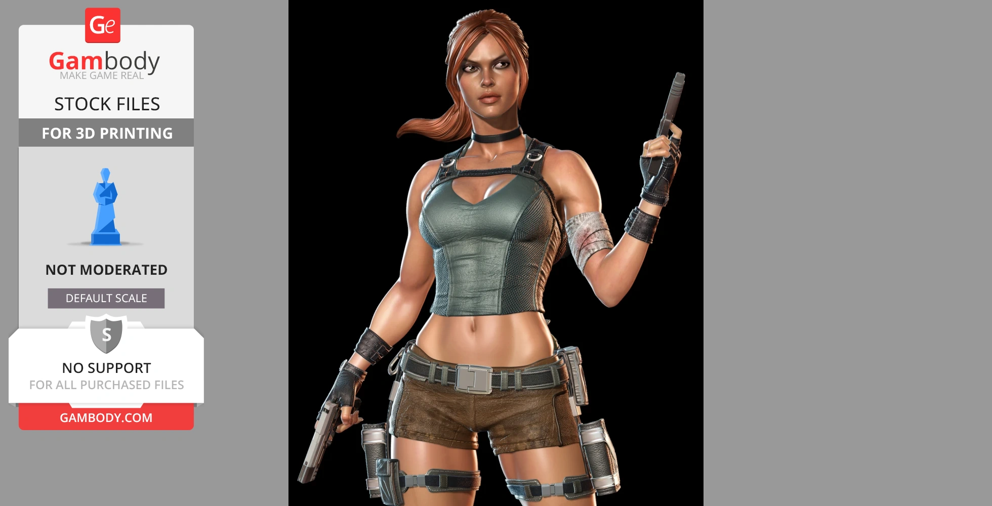 3D model of an action heroine in tactical gear, holding a pistol, for 3D printing.