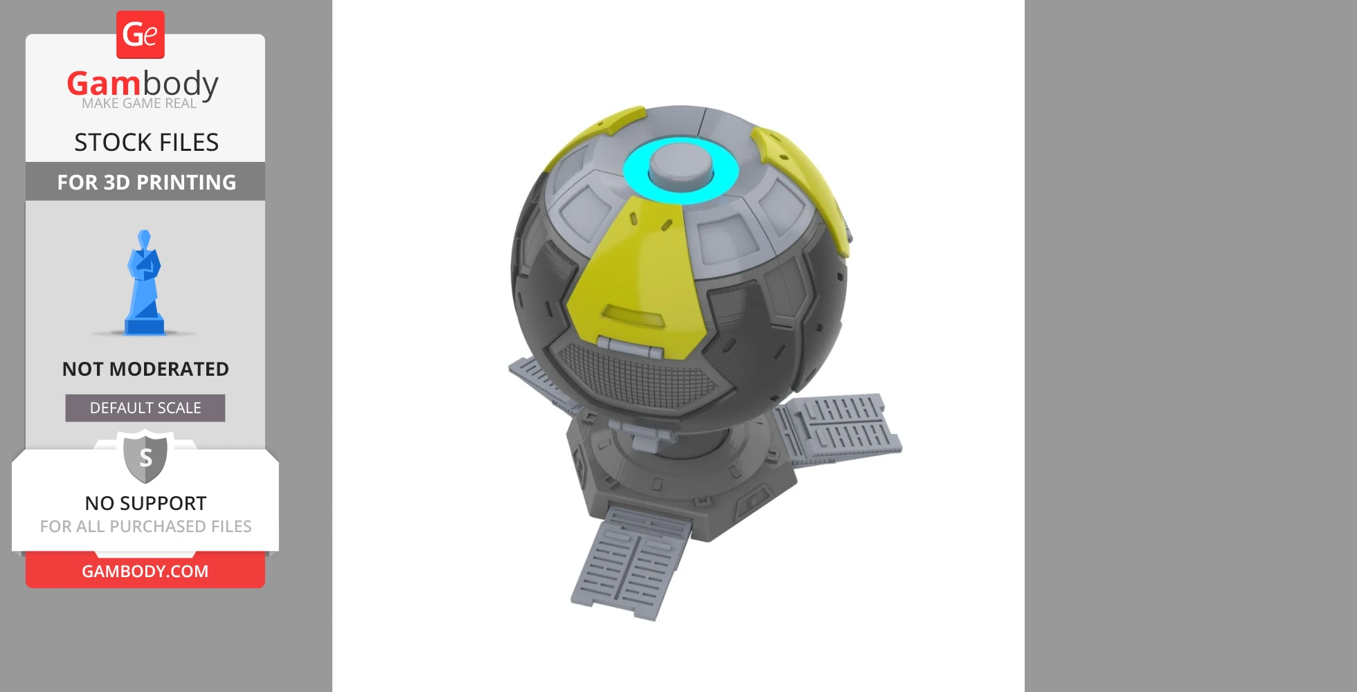 A spherical sci-fi beacon with yellow accents and blue light on a detailed base, designed for 3D printing.