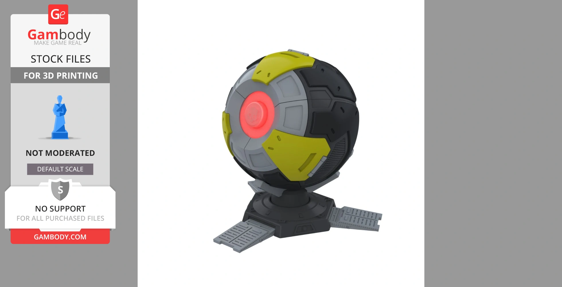 Futuristic spherical device with red center, on a base with three extended platforms.