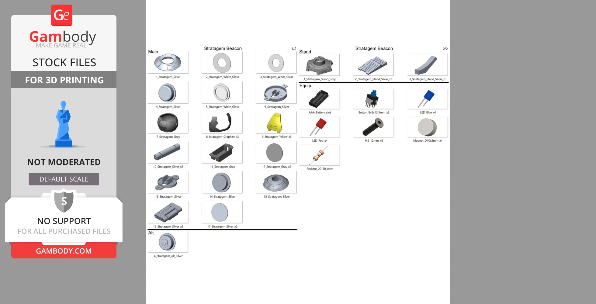 Grid of 3D printable parts for 'Stratagem Beacon' from Helldivers 2, with various components labeled.