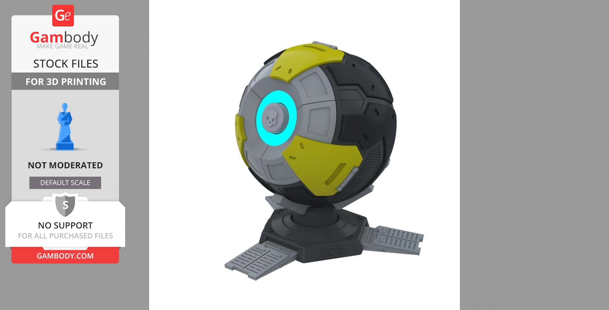 A spherical sci-fi beacon with yellow and black panels, a central blue light, and extendable base ramps.