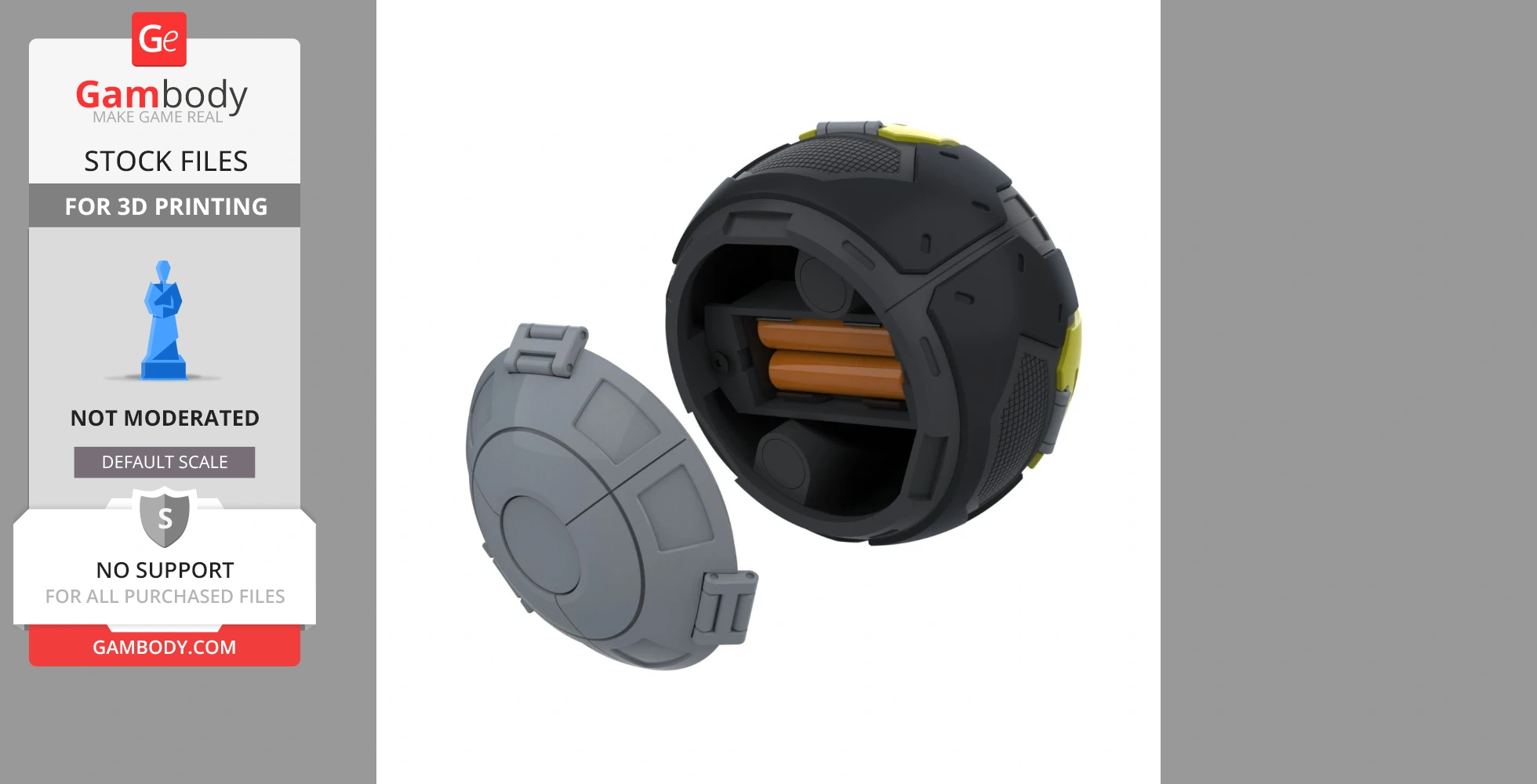 A spherical, futuristic device with a detached gray panel and internal orange cylinders. Ideal for 3D printing.