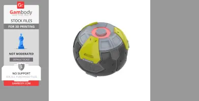 A futuristic spherical device with gray and yellow panels, featuring a central red glowing element.