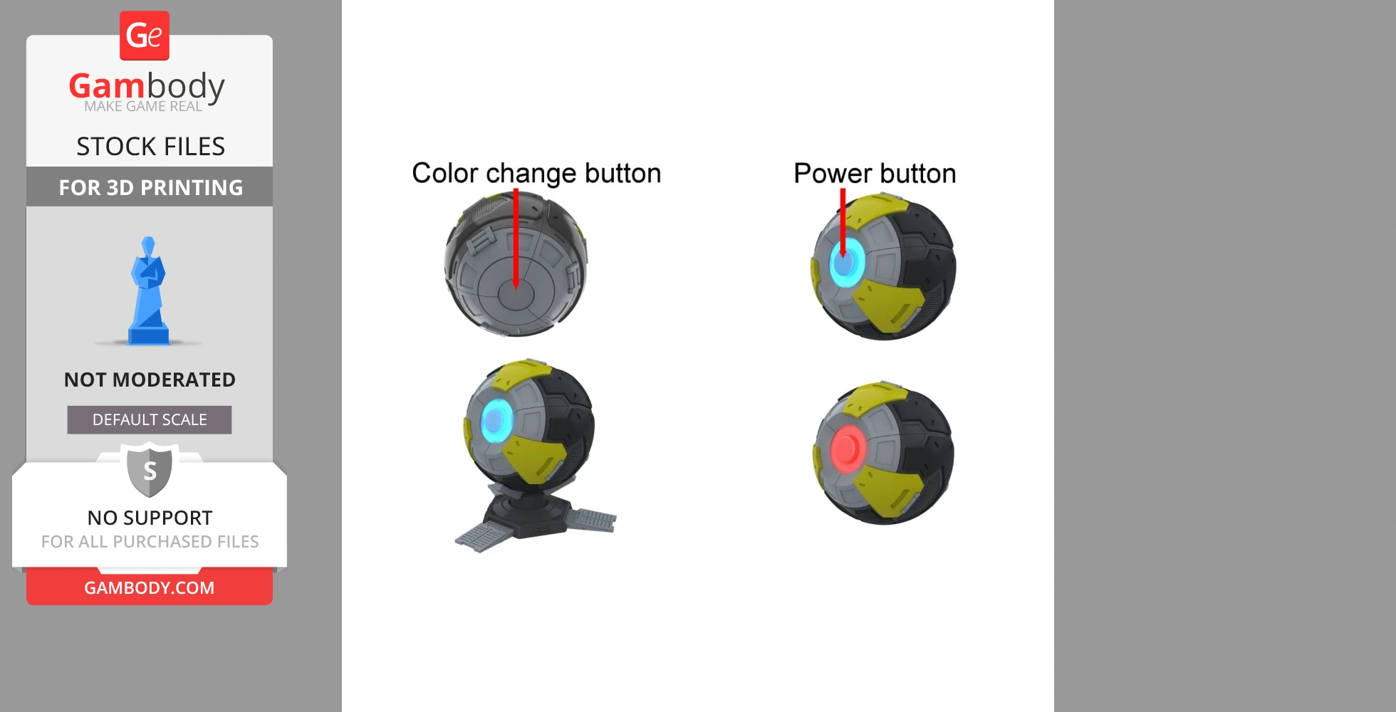 A spherical device with buttons for color change and power, showing blue and red light indicators.
