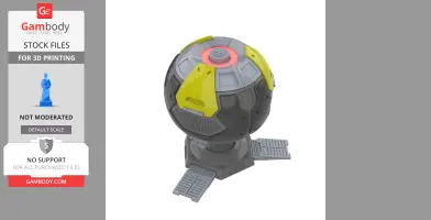Spherical beacon device with yellow accents on a base with extended ramps. Designed for 3D printing.