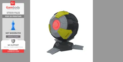 A spherical sci-fi device with gray, yellow, and black panels, featuring a red glowing center on a base.