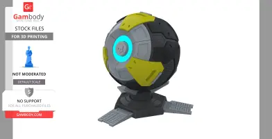 A spherical, futuristic beacon with yellow panels, blue light, and extendable ramps for 3D printing.