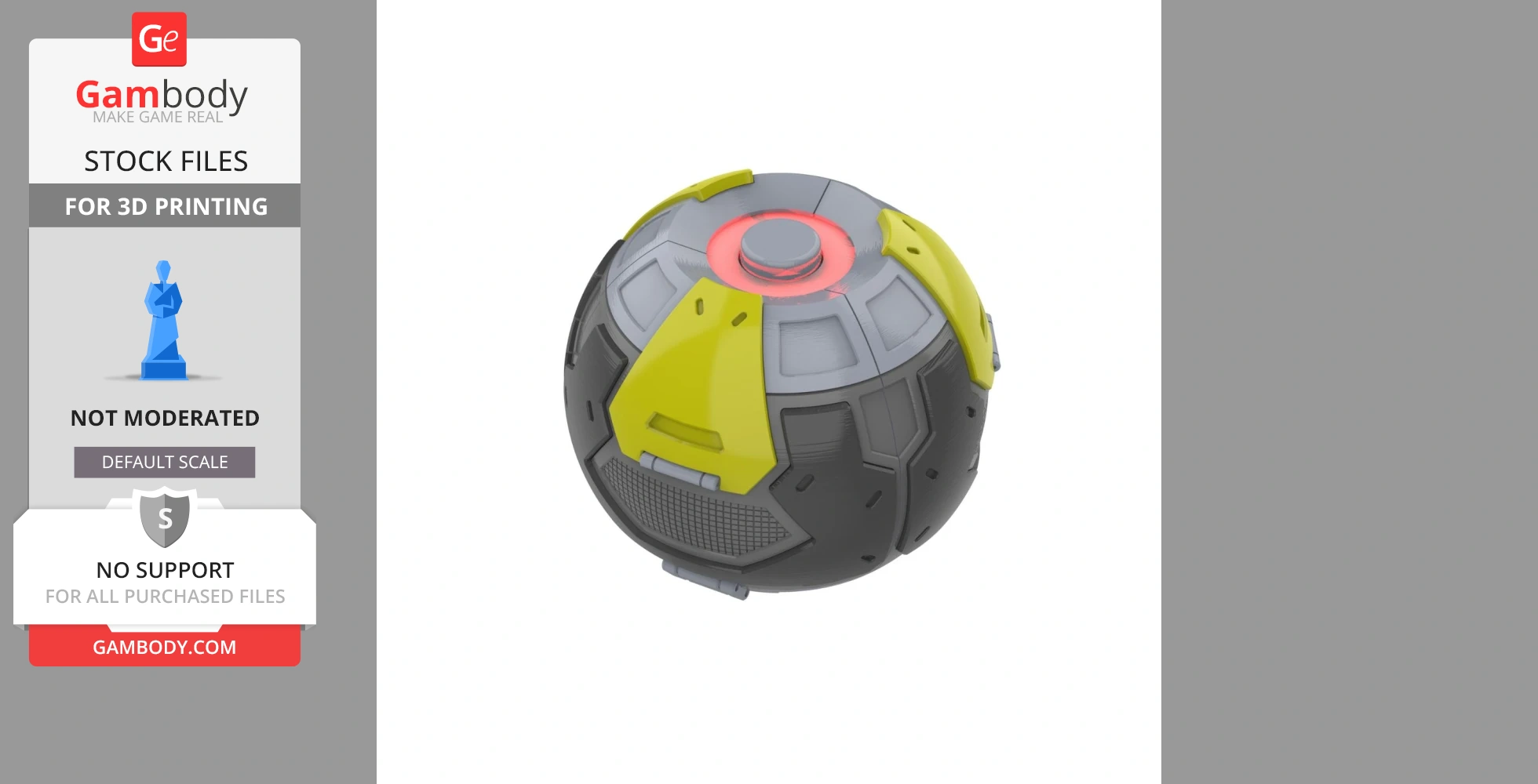 A futuristic spherical device with gray and yellow panels, featuring a central red glowing element.