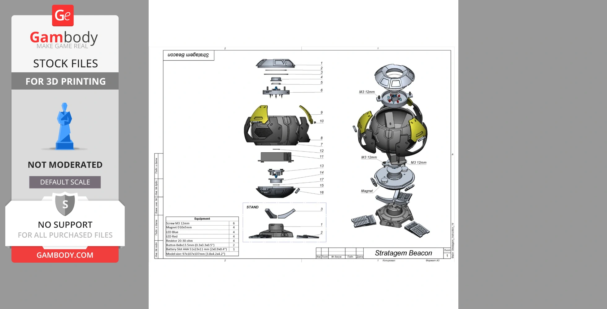 Exploded view of a Stratagem Beacon model from Helldivers 2, showing detailed parts for 3D printing.