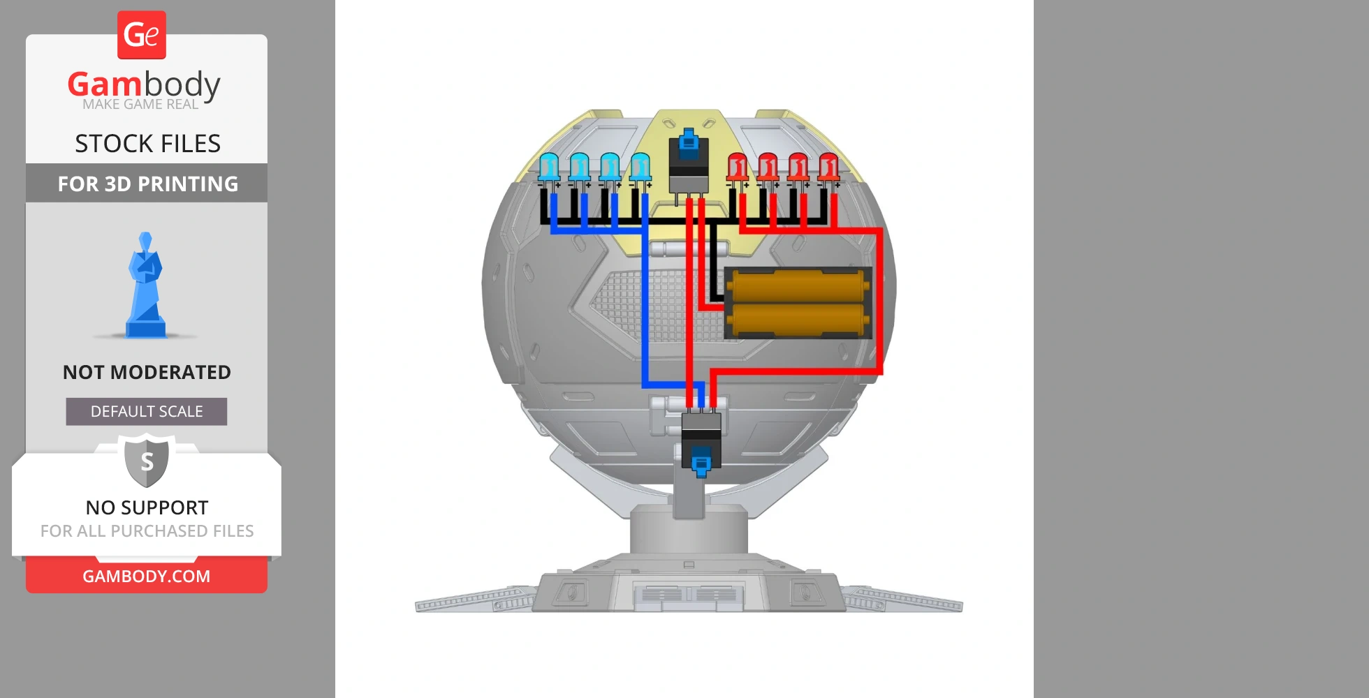 Futuristic spherical beacon with colorful wiring diagram for 3D printing, displayed on a platform.