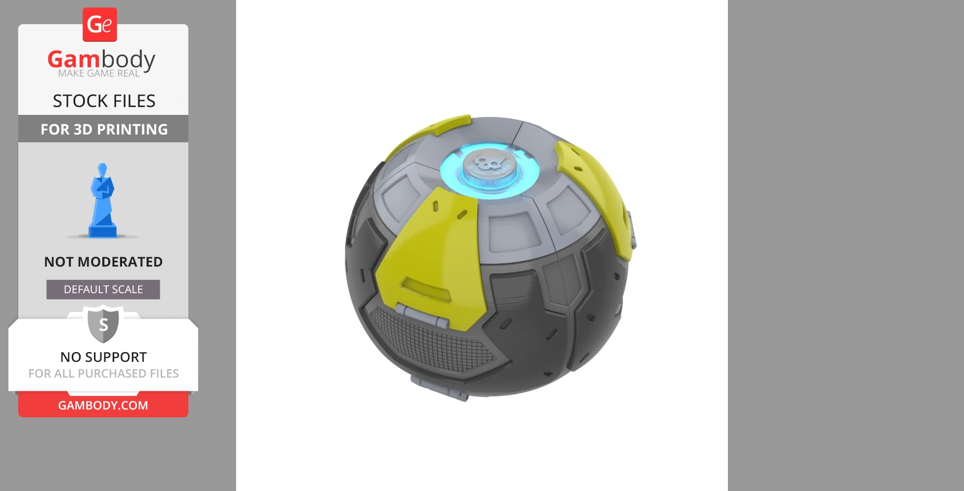 A detailed spherical beacon with gray and yellow panels, featuring a glowing blue circular element on top.