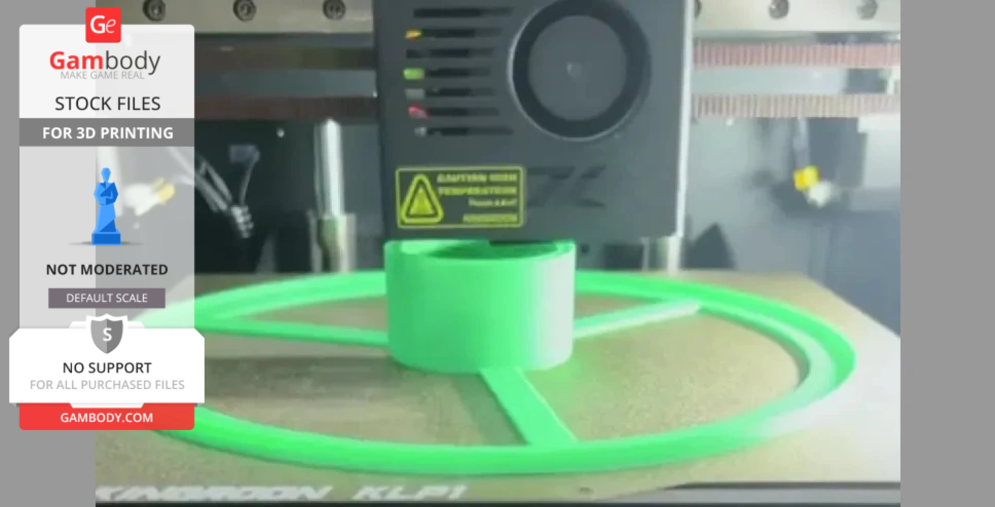A 3D printer creating a green filament spool base.