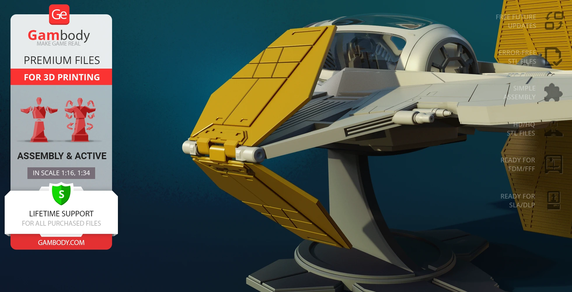 A detailed 3D model of the Eta-2 Actis Interceptor for printing, shown on a display stand.