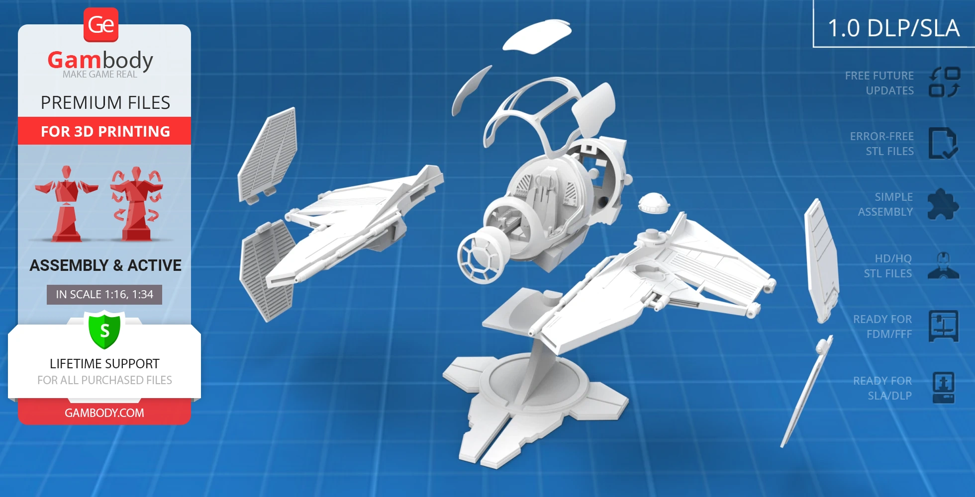 Exploded view of a 3D printable Eta-2 Actis Interceptor model on a blueprint background.